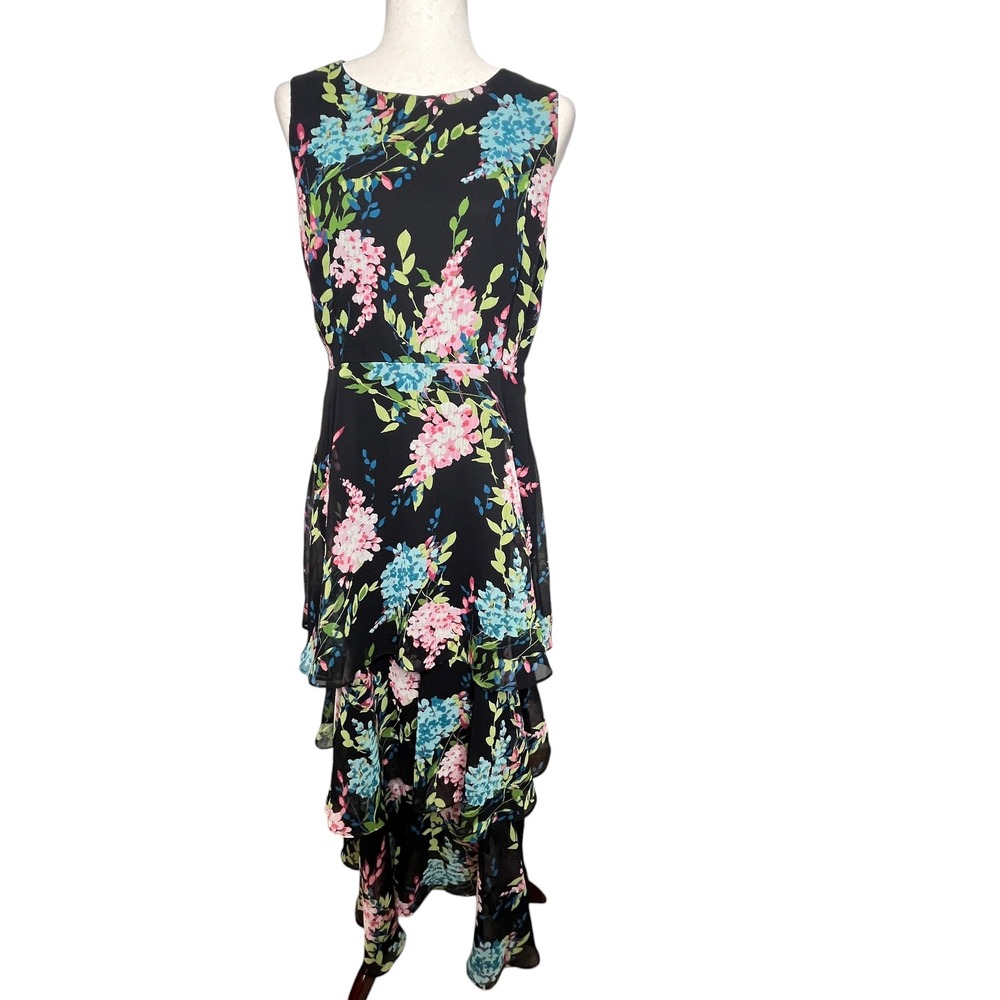 Coldwater Creek Floral Tiered Maxi Dress Chiffon Sleeveless Sz 10 Dark Romantic